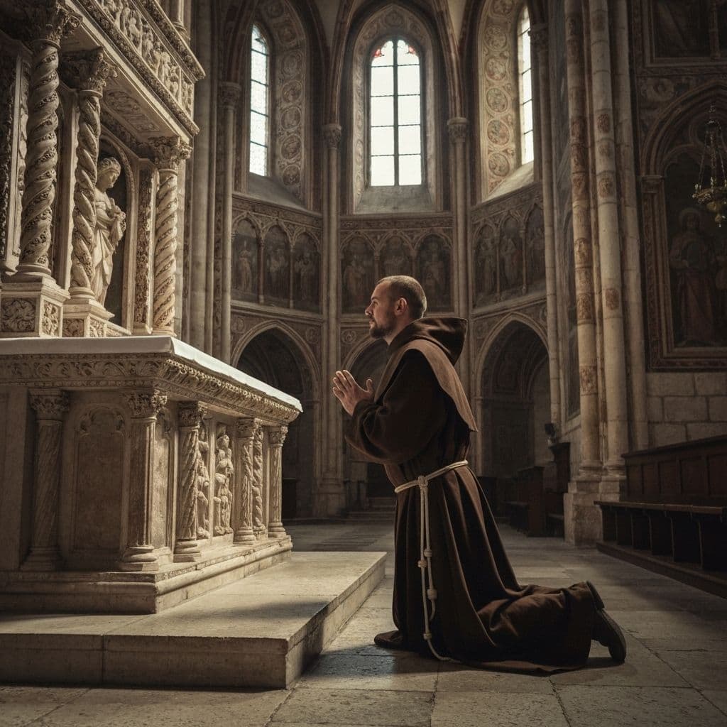 Darstellung eines mittelalterlichen Mönchs beim Gebet